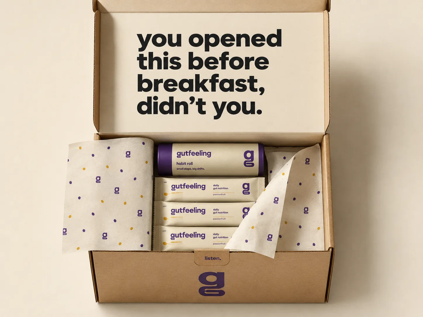 the gutfeeling shipping box, opened